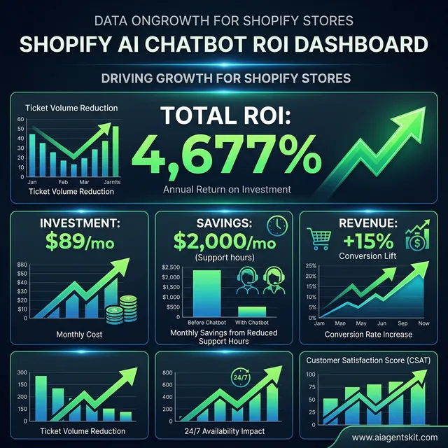 Data-driven ROI dashboard for Shopify AI chatbots showing 4677 percent return on investment through support hour savings and conversion lift