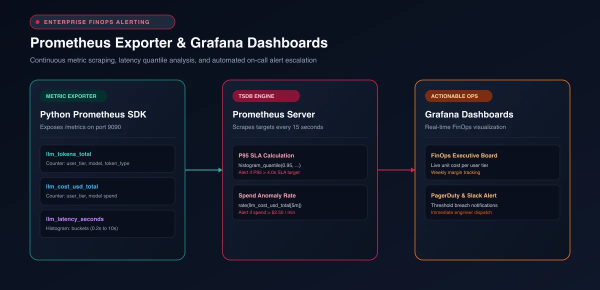 Monitoring topology diagram depicting Langfuse metrics export to Prometheus and Grafana alerting rules for P95 latency thresholds