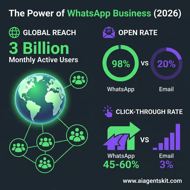 The Power of WhatsApp Business (2026): 3 billion users, 98% open rate, and 45-60% click-through rates comparison infographic