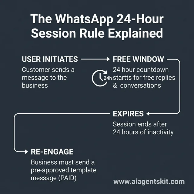 WhatsApp 24-Hour Session Rule Flow: User Initiation, Free Window, Expiration, and Paid Re-engagement