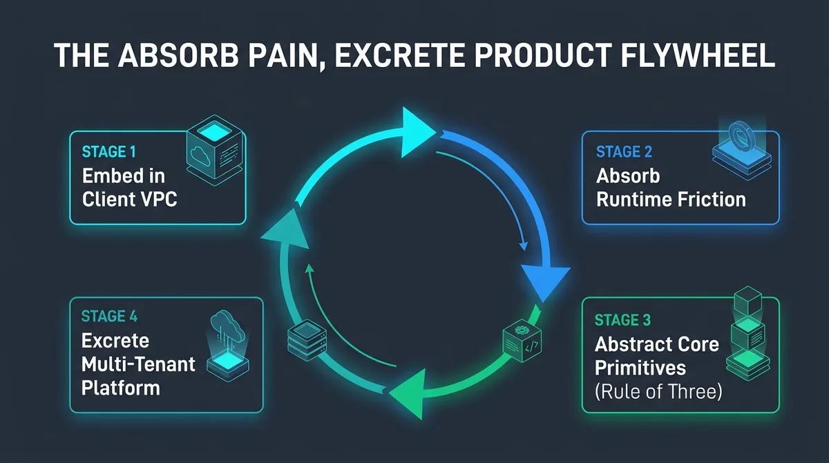 The absorb pain excrete product flywheel illustrating four stages of turning client VPC edge cases into SaaS platforms.