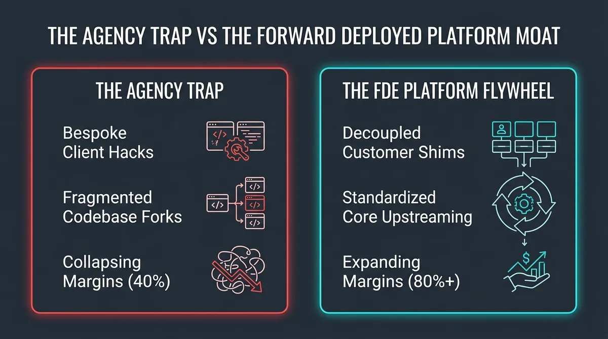 Comparison flowchart showing the consulting agency trap contrasted against the scalable forward deployed platform moat.