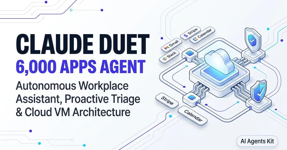 Claude Duet workplace agent architecture banner featuring cloud virtual machine, MCP connectors, and approval gates