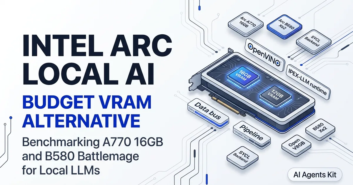 Intel Arc graphics card with 16GB VRAM memory chips, OpenVINO badge, and tokens per second benchmark meters