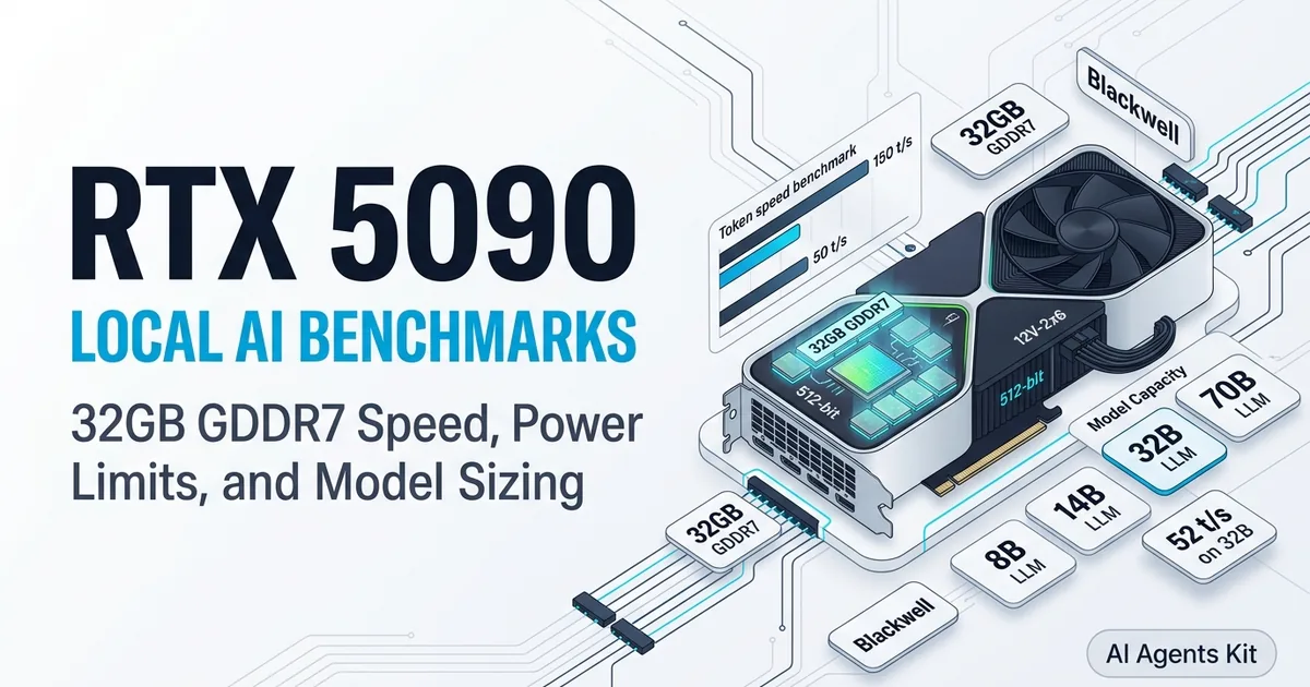 NVIDIA RTX 5090 Blackwell GPU with 32GB GDDR7 memory bus and local AI token speed benchmark charts