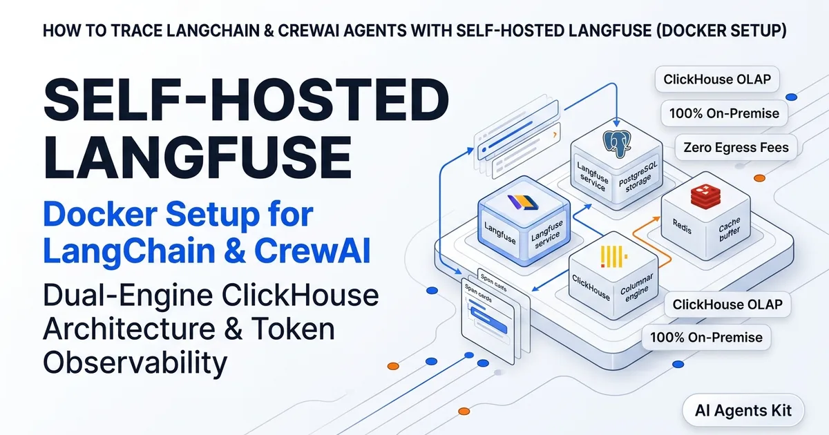 Technical editorial diagram illustrating self-hosted Langfuse Docker architecture with PostgreSQL, ClickHouse, LangChain, and CrewAI tracing
