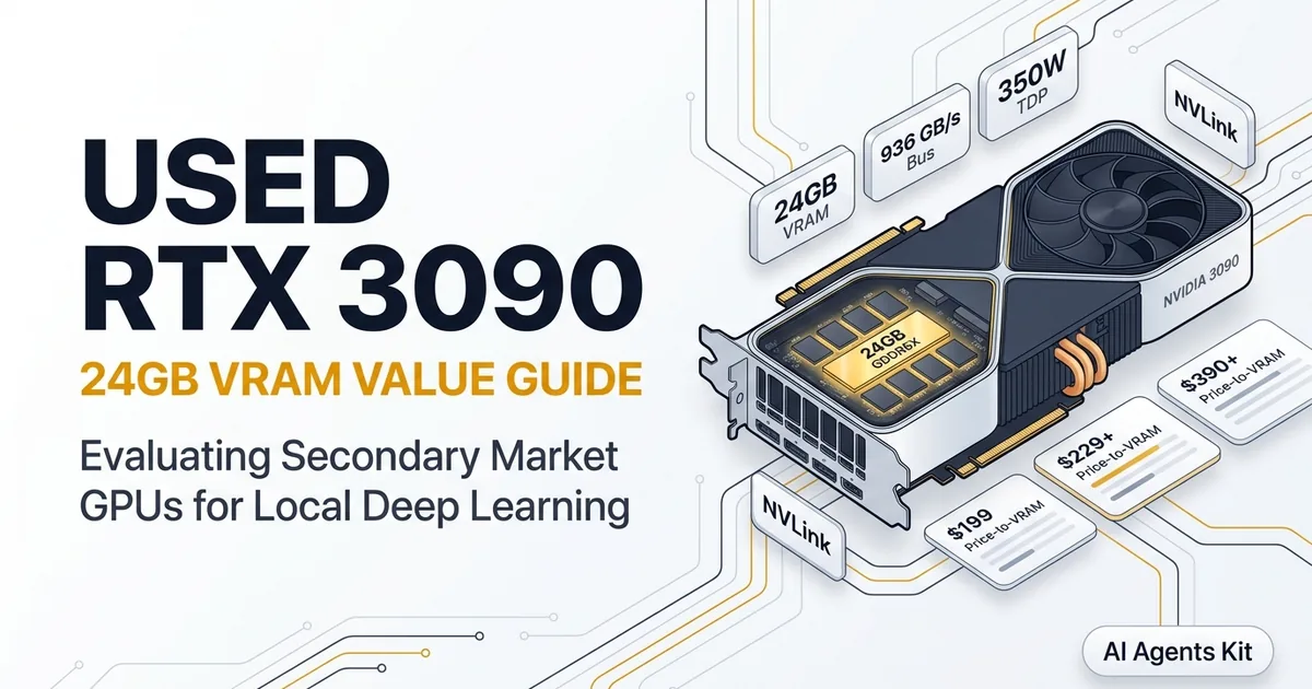 NVIDIA RTX 3090 graphics card with exposed 24GB GDDR6X memory modules and price-to-VRAM benchmark charts