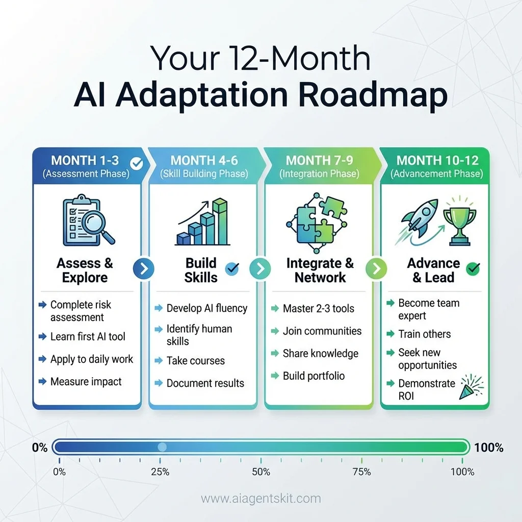 12-month AI adaptation roadmap showing four phases: Assess & Explore (months 1-3), Build Skills (months 4-6), Integrate & Network (months 7-9), and Advance & Lead (months 10-12)