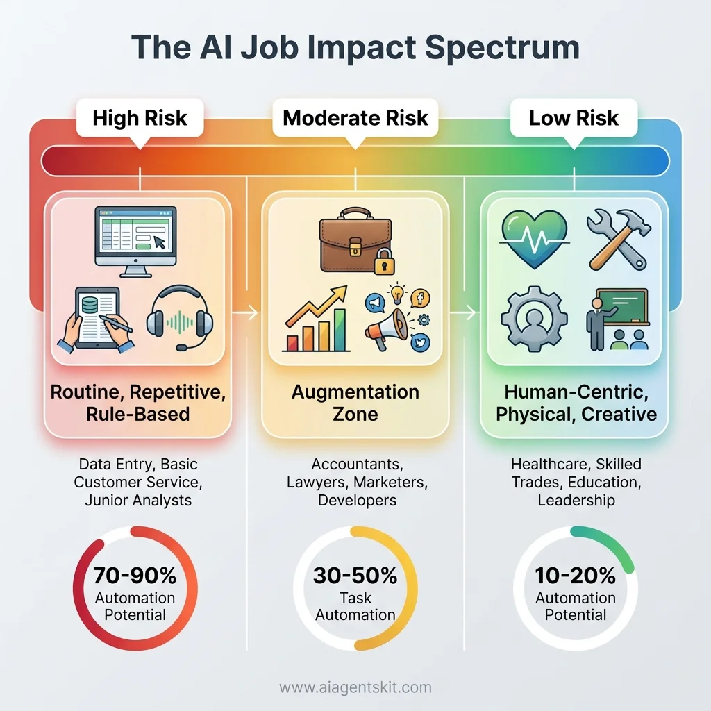 The AI Job Impact Spectrum showing three risk zones: high-risk jobs (routine, repetitive, rule-based with 70-90% automation potential), moderate-risk jobs (augmentation zone with 30-50% task automation), and low-risk jobs (human-centric, physical, creative with 10-20% automation potential)