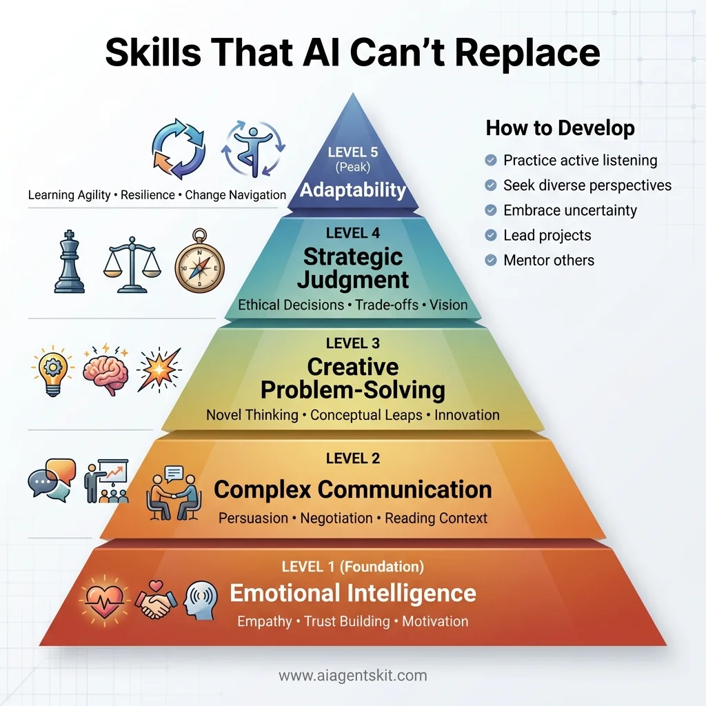 Skills pyramid showing five levels of AI-proof skills from foundation to peak: Emotional Intelligence, Complex Communication, Creative Problem-Solving, Strategic Judgment, and Adaptability at the top
