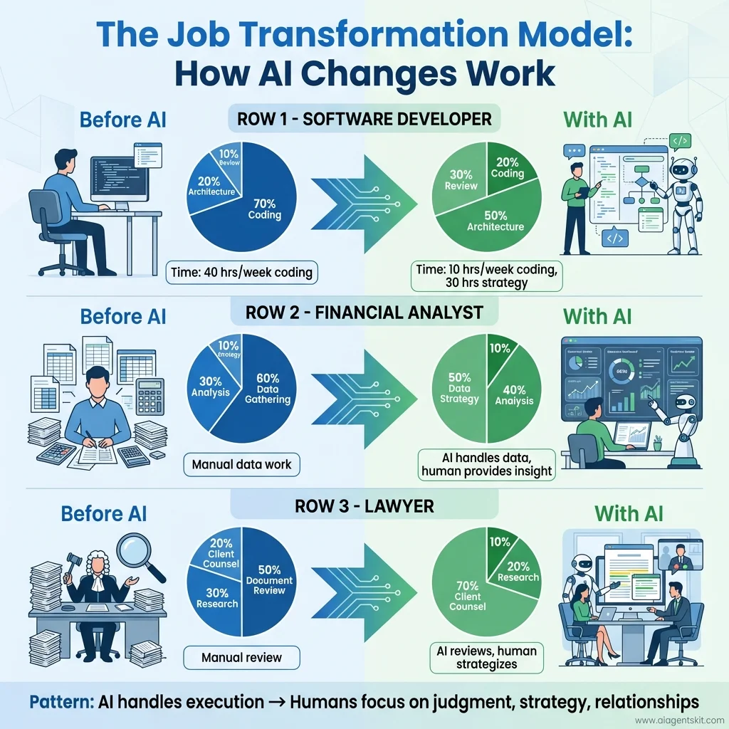 The Job Transformation Model showing before and after comparisons for software developers, financial analysts, and lawyers, demonstrating how AI shifts work from execution to strategy and judgment