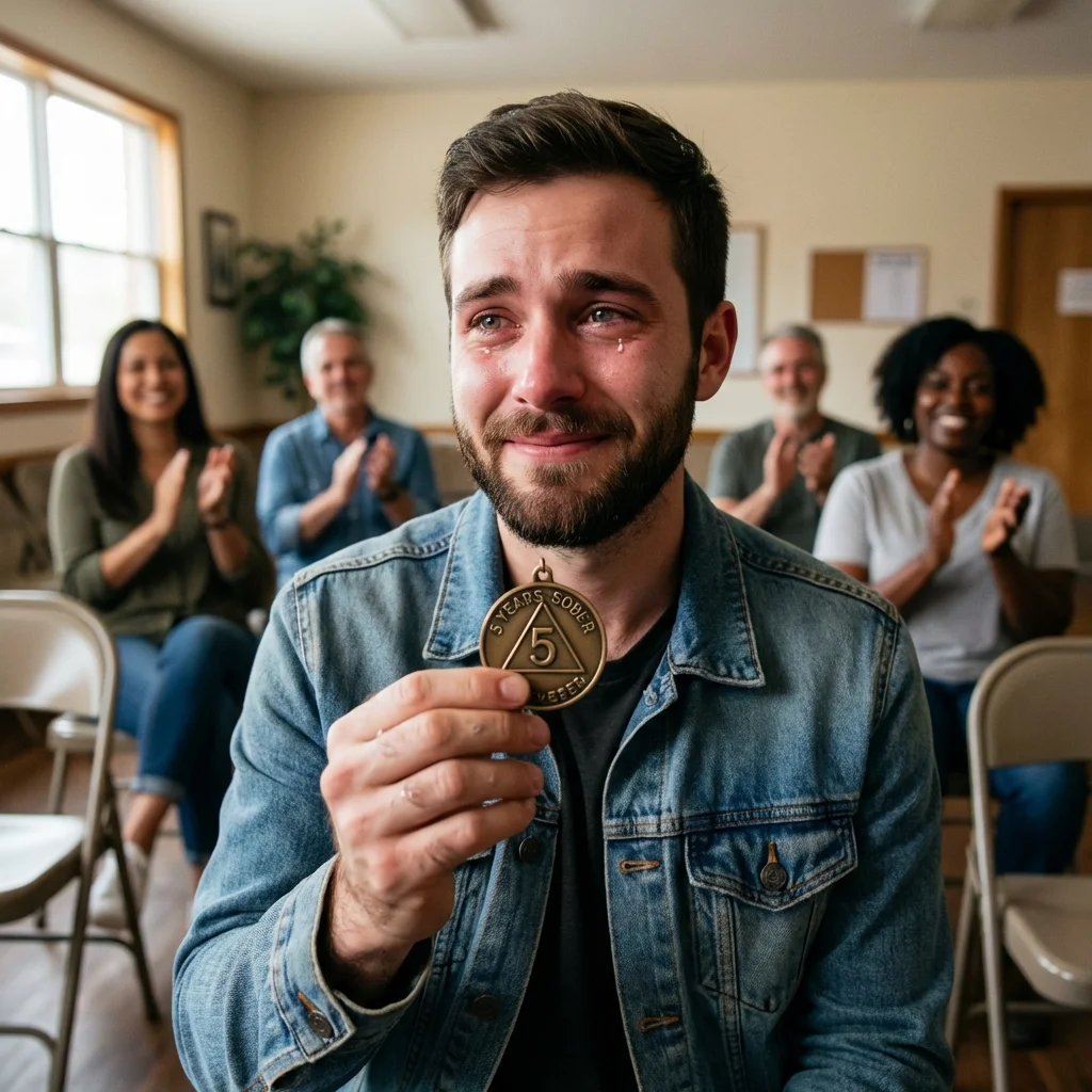 Nano Banana photo of man holding 5-year sobriety chip