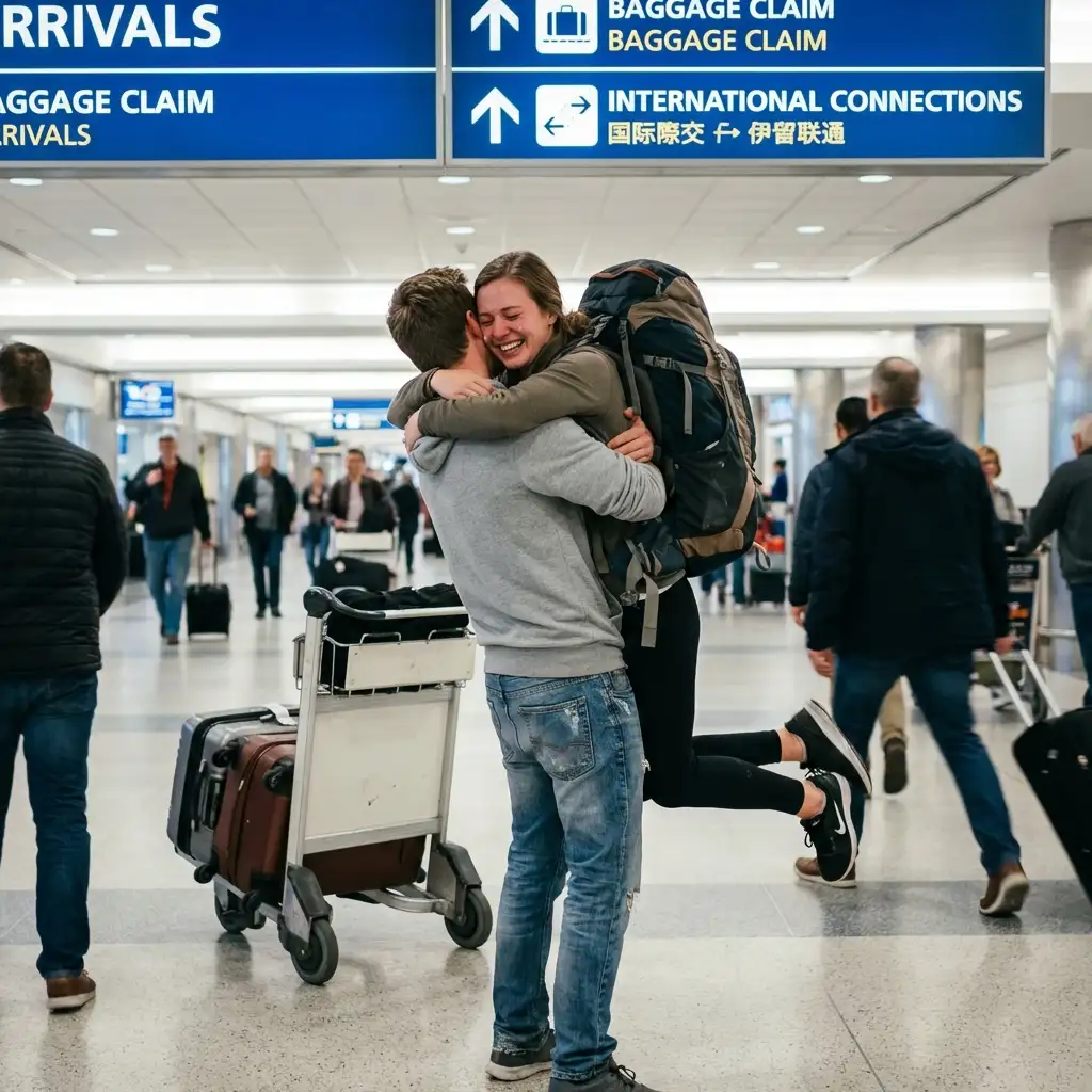 Emotional airport reunion with boyfriend lifting girlfriend in tearful embrace