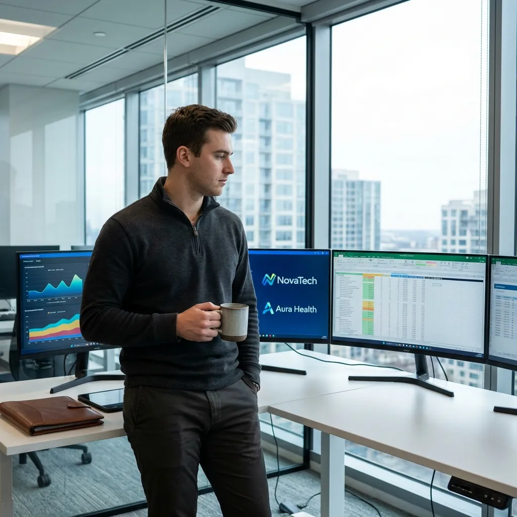 Angel investor analyzing startup portfolio on multiple screens