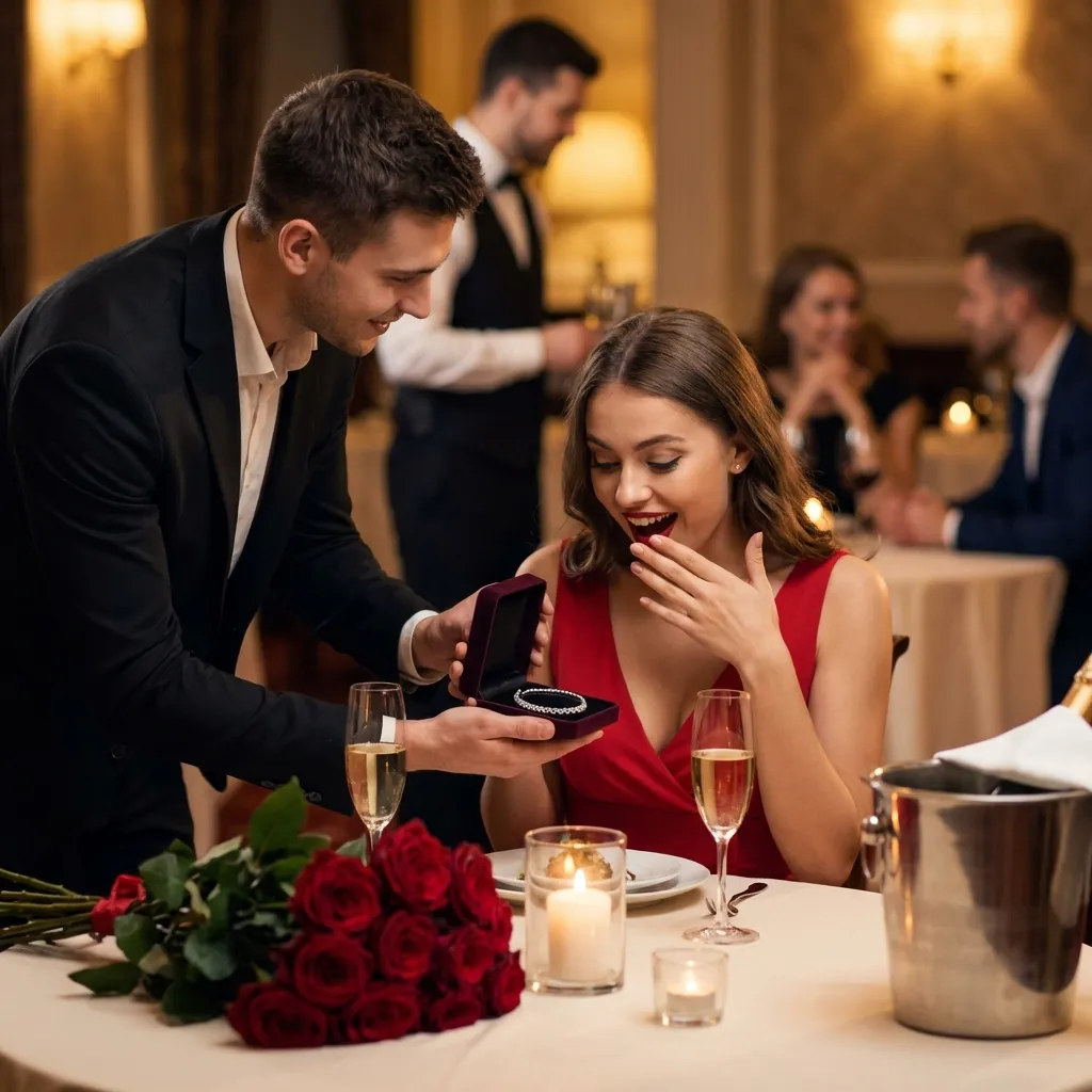 Man surprising girlfriend with jewelry gift at upscale anniversary dinner