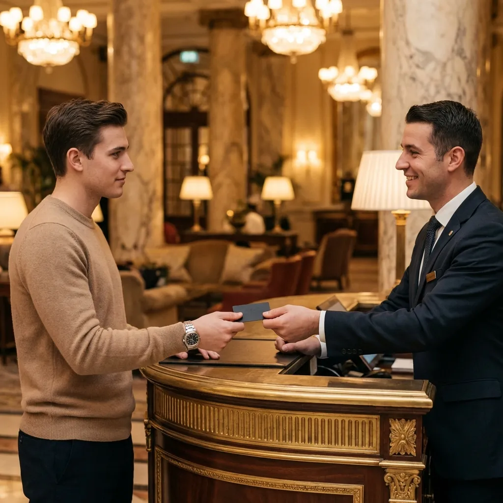 Young man receiving exclusive black card at luxury hotel concierge