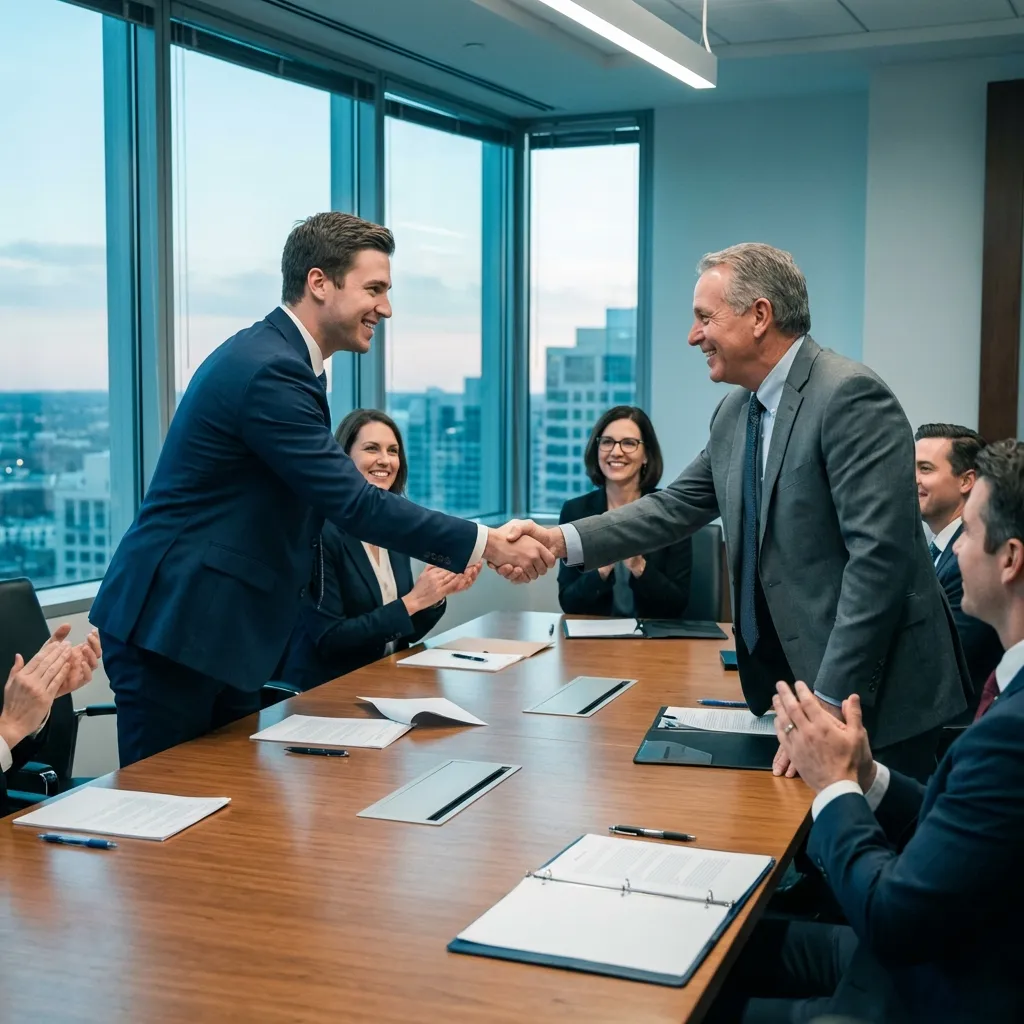 Corporate boardroom handshake between young executive and partner