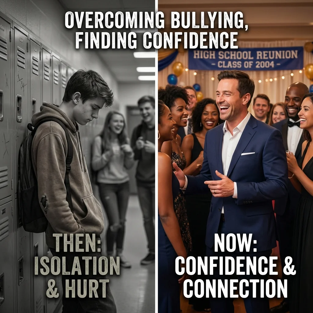 Nano Banana split screen showing journey from bullied student to confident adult