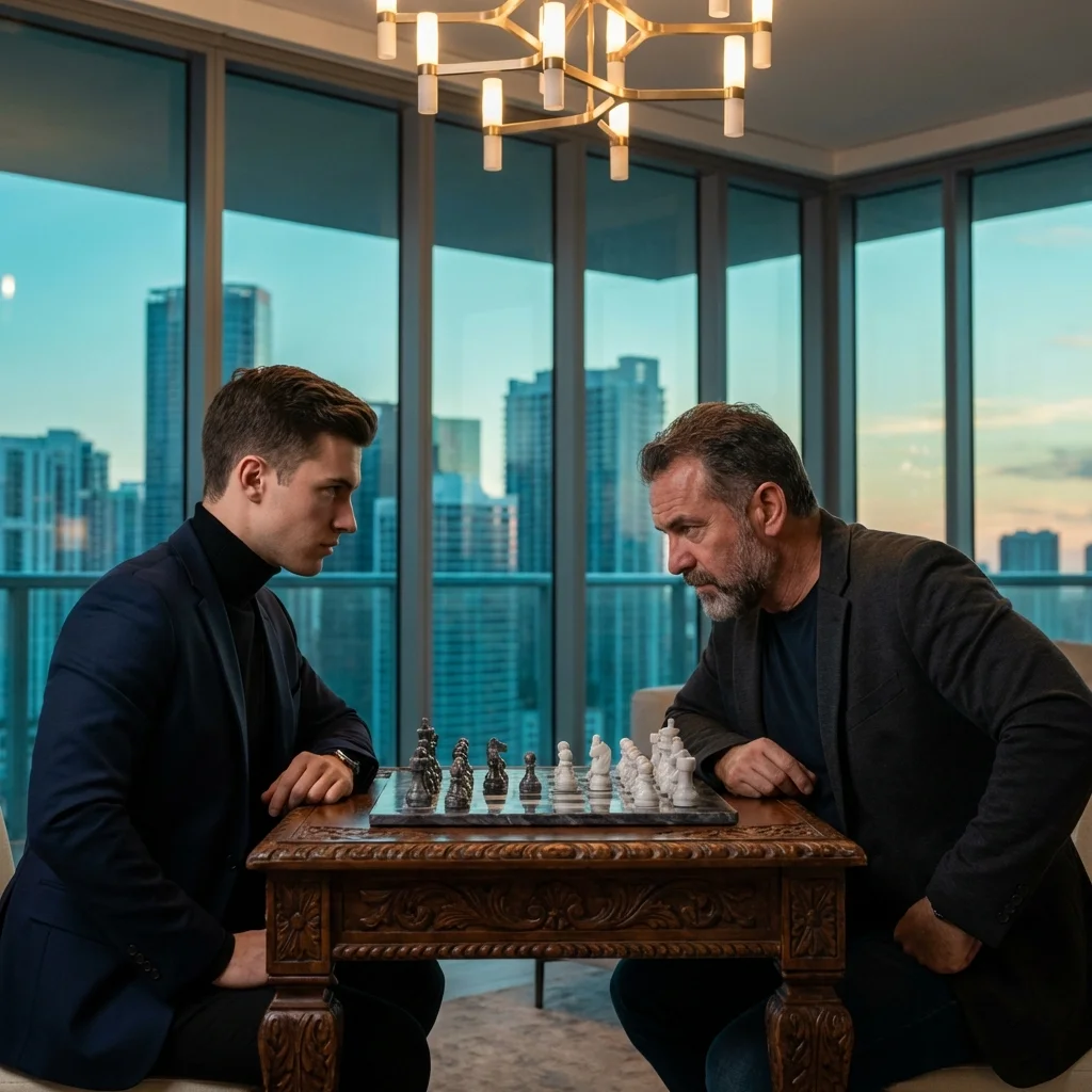 Nano Banana cinematic photo of chess match between young professional and tech CEO