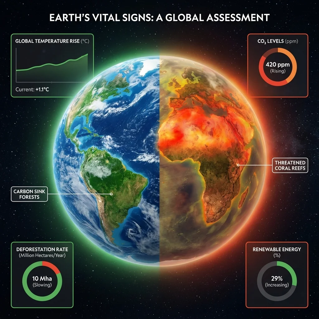 Earth split-screen environmental infographic showing climate data and metrics