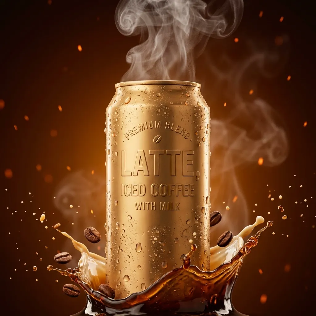 Gold metal coffee can product photography with condensation, splashing liquid, and rising steam