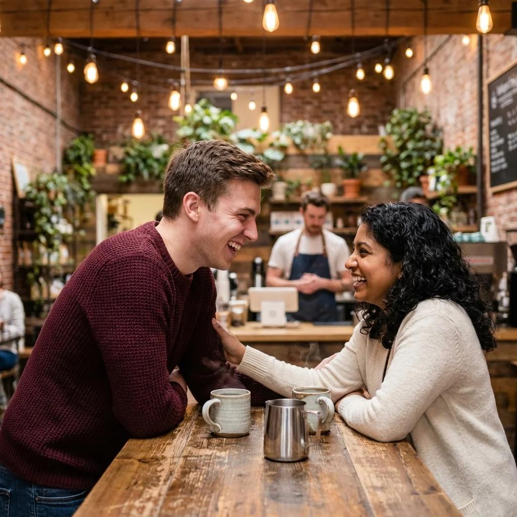 Nano Banana candid photo of couple laughing in coffee shop