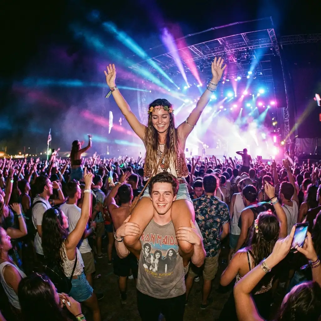 Girlfriend sitting on shoulders at colorful music festival concert