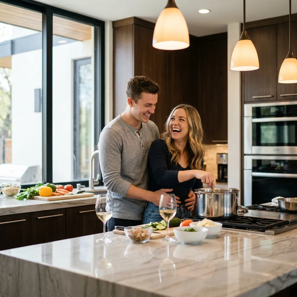Happy couple cooking together in modern kitchen candid moment