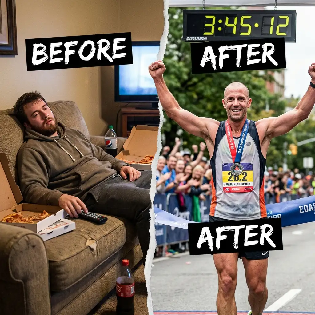 Split screen transformation showing lazy man on couch versus same man celebrating marathon finish