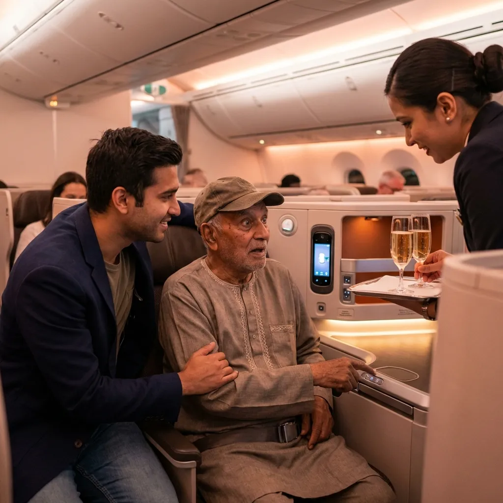 Young man and elderly father enjoying business class flight together