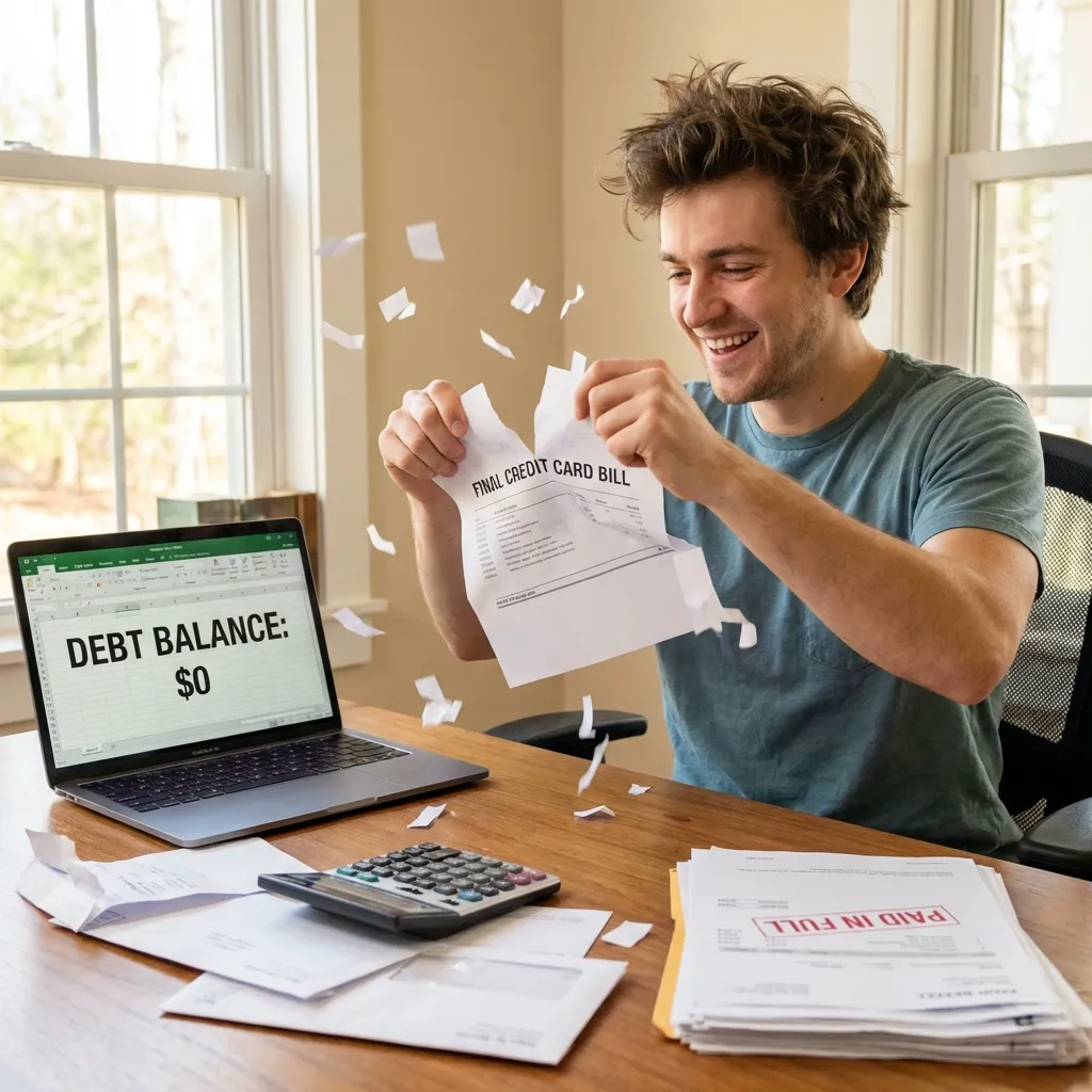 Young man celebrating zero debt balance by ripping up bills with relief