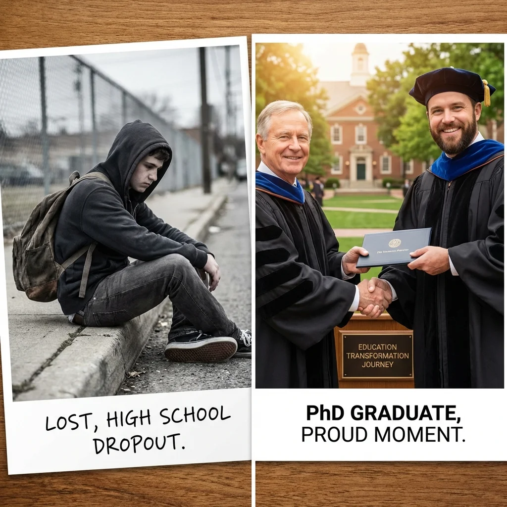 Nano Banana split screen showing journey from dropout to PhD