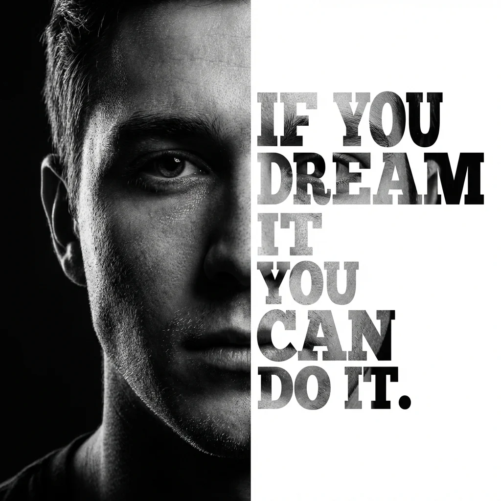 Black and white split portrait with motivational typography masking effect