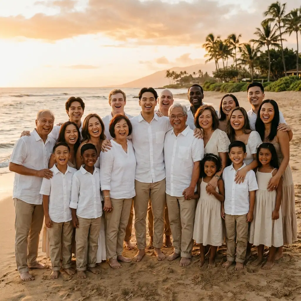 Large multi-generational family portrait on beach at sunset