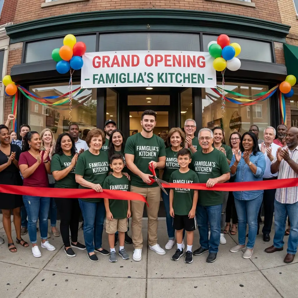 Family cutting ribbon at grand opening of family business