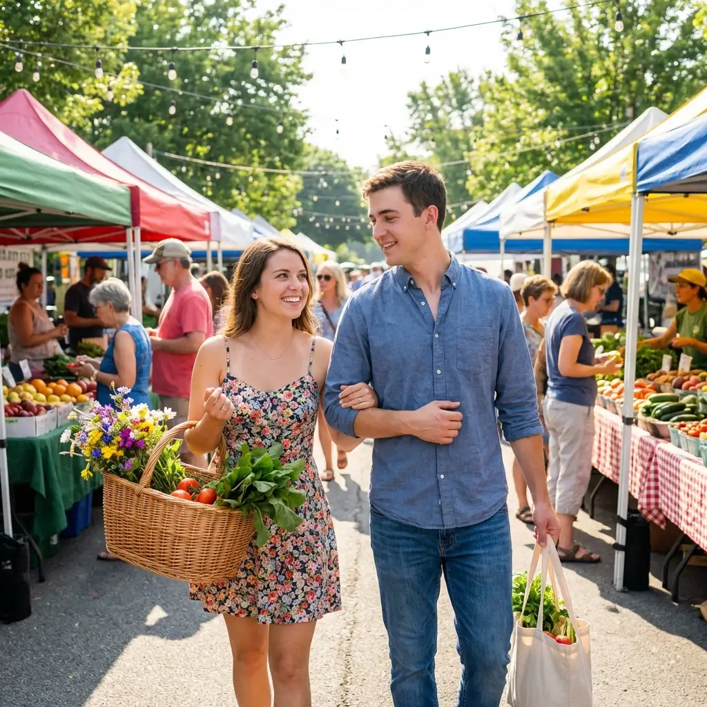 Couple shopping for fresh produce at sunny farmers market