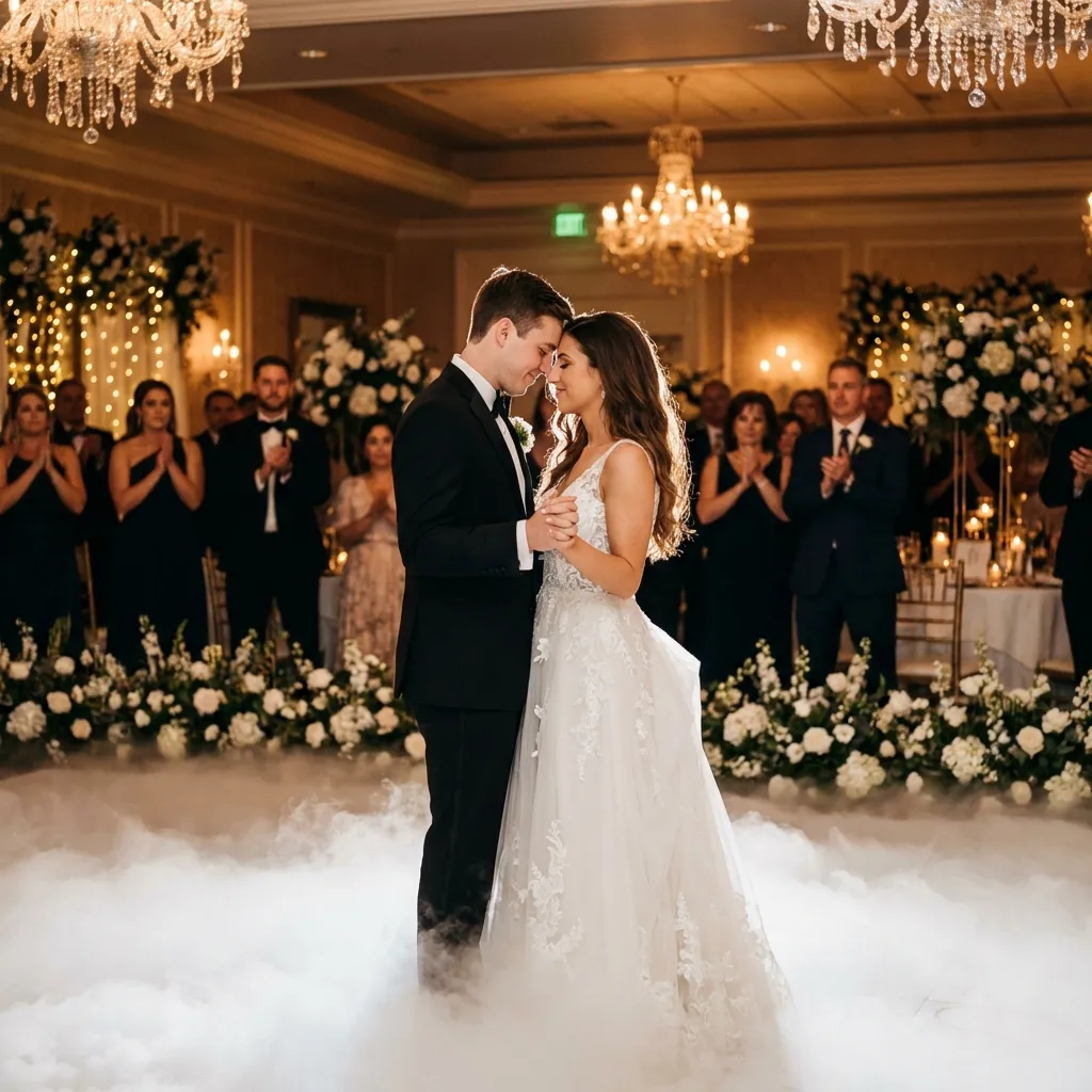 Romantic first dance of groom and bride in luxurious ballroom with fog