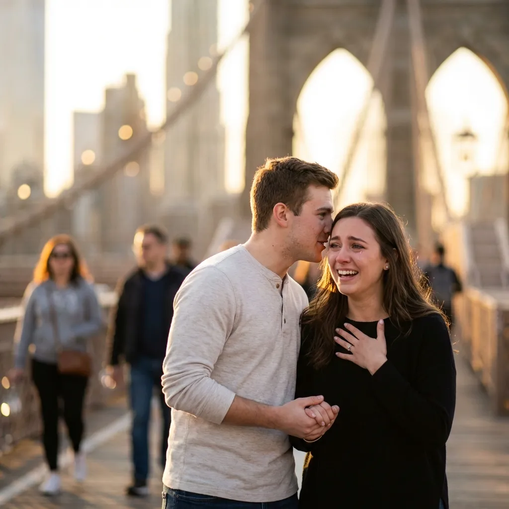 Man whispering I love you to emotional girlfriend on Brooklyn Bridge at sunset