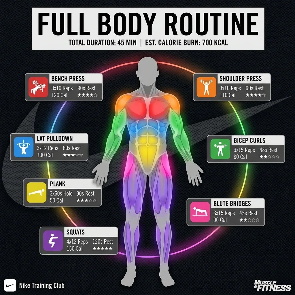 Fitness infographic with body silhouette and color-coded muscle groups