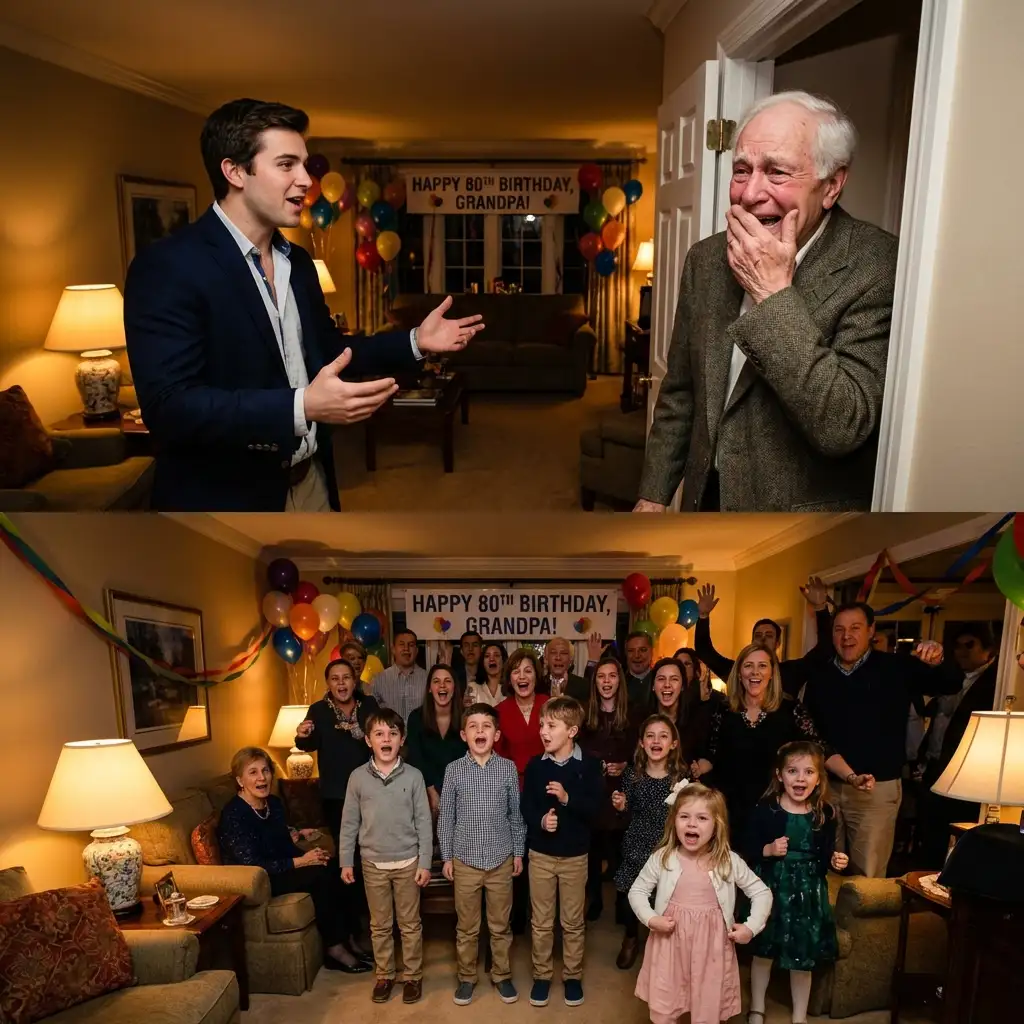 Grandson surprising grandfather with 80th birthday party with family