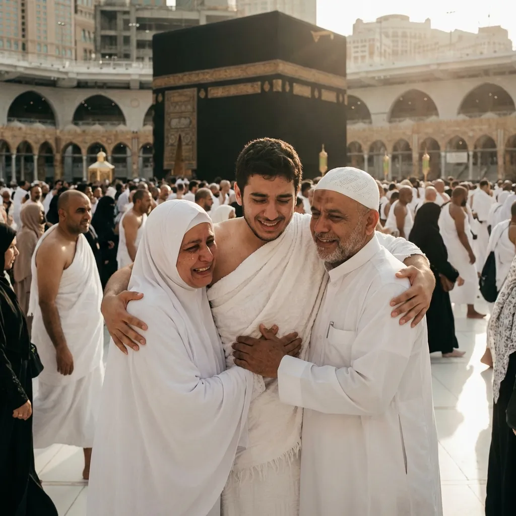 Emotional moment of family pilgrimage at Hajj/Mecca with elderly parents