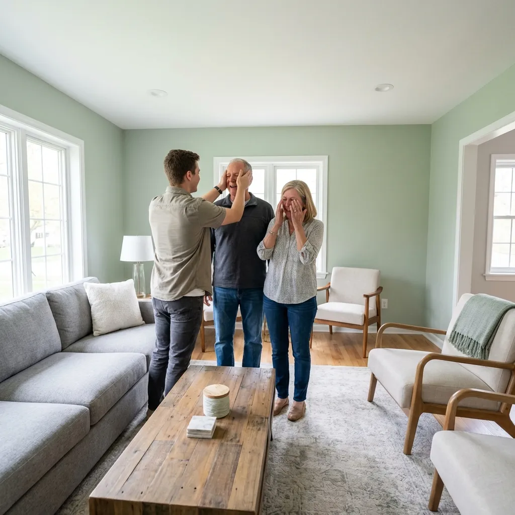 Son bringing his parents to renovations reveal at family home
