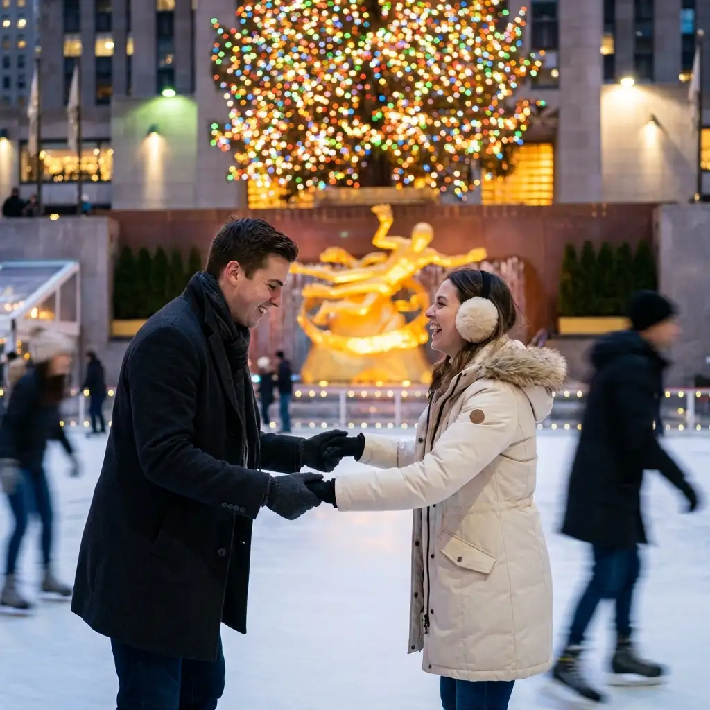 Romantic ice skating date at Rockefeller Center NYC with giant Christmas tree