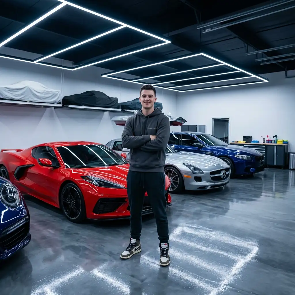 Car collector standing proudly in garage with exotic sports cars