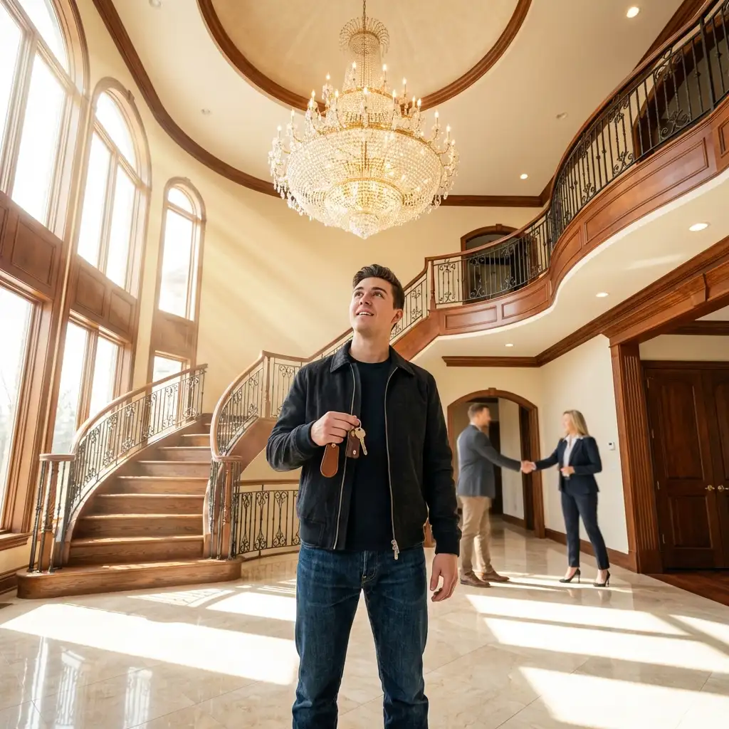 Young homeowner holding keys in grand foyer of new luxury mansion