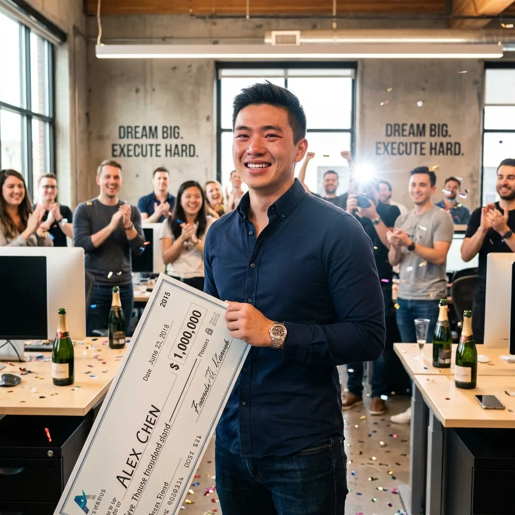 Entrepreneur celebrating million dollar check with team in startup office
