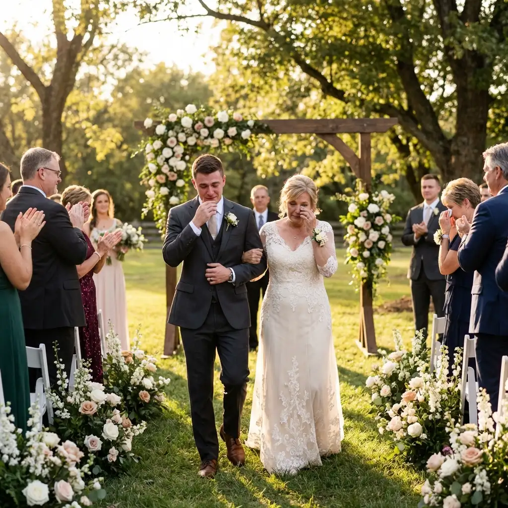 Son walking emotional mother down the aisle at her second wedding