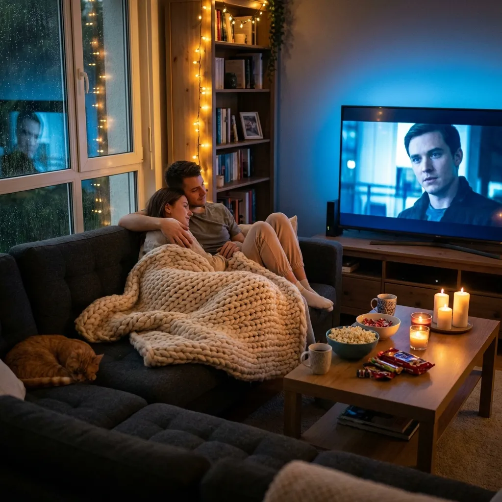 Cozy movie night couple cuddling on sofa under blanket