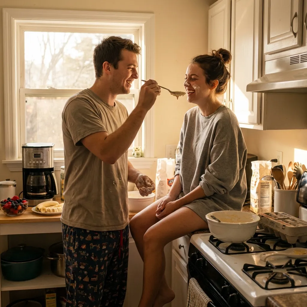 Playful couple making pancakes together in messy sunny kitchen