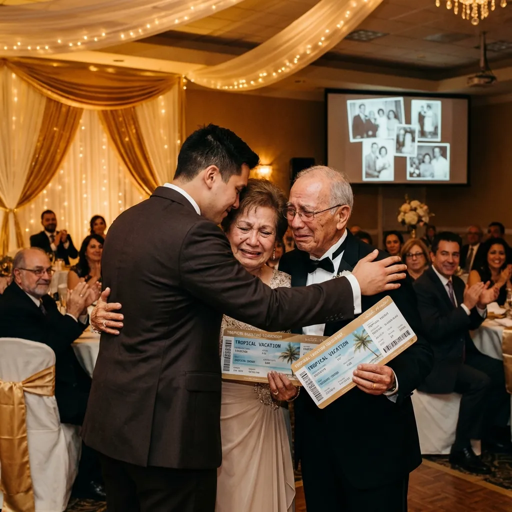 Son presenting tropical vacation tickets to parents at anniversary party